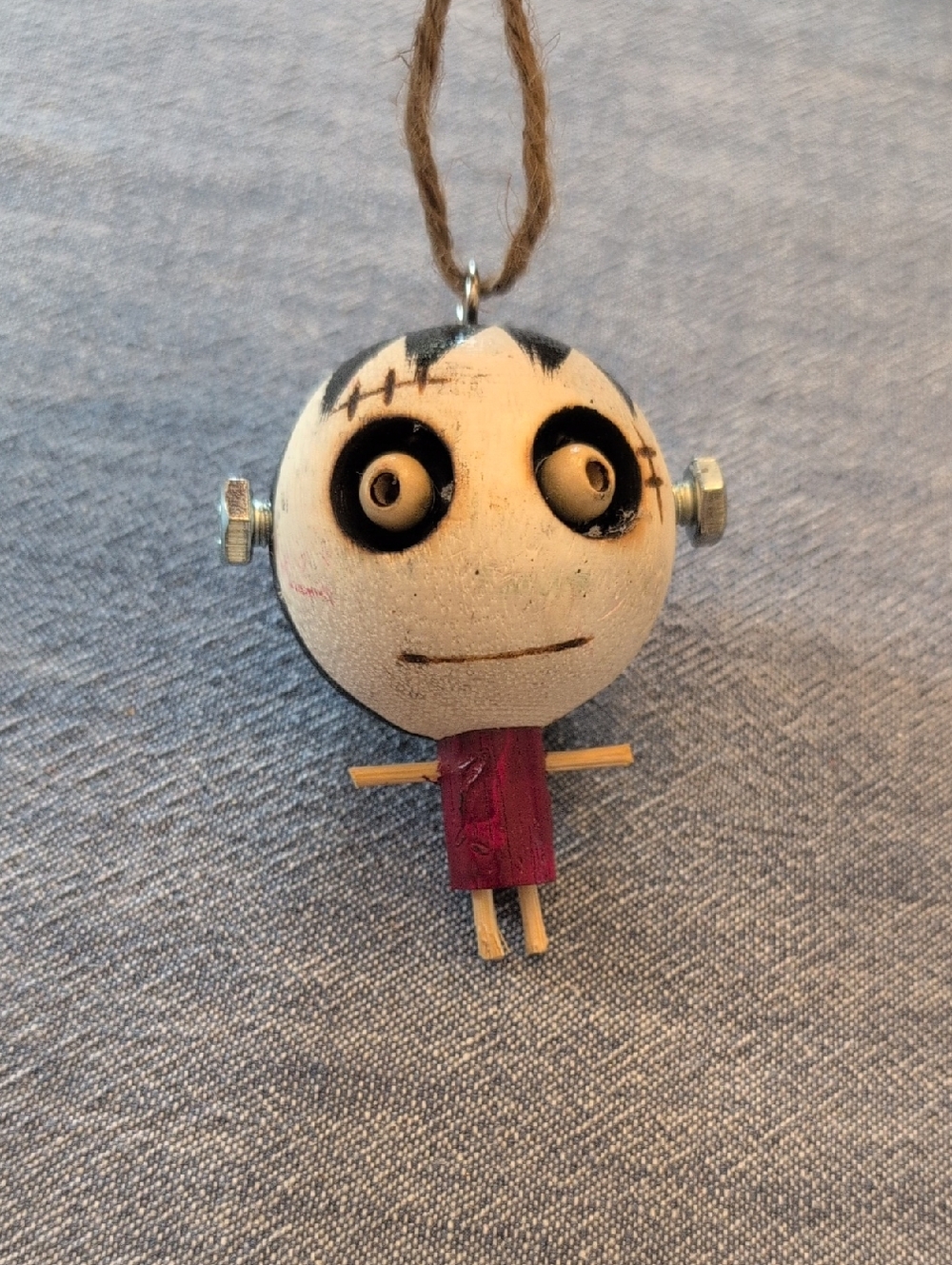 Pier One Crazy head  Wooden Frankenstein Ornament in White and Burgundy